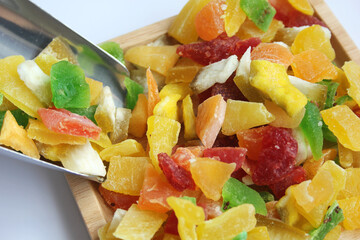Dried mixed fruits, apple, kiwi, mango, papaya, orange peel, strawberry, guava