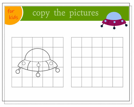 Copy the picture, educational games for children, cartoon flying saucer. vector