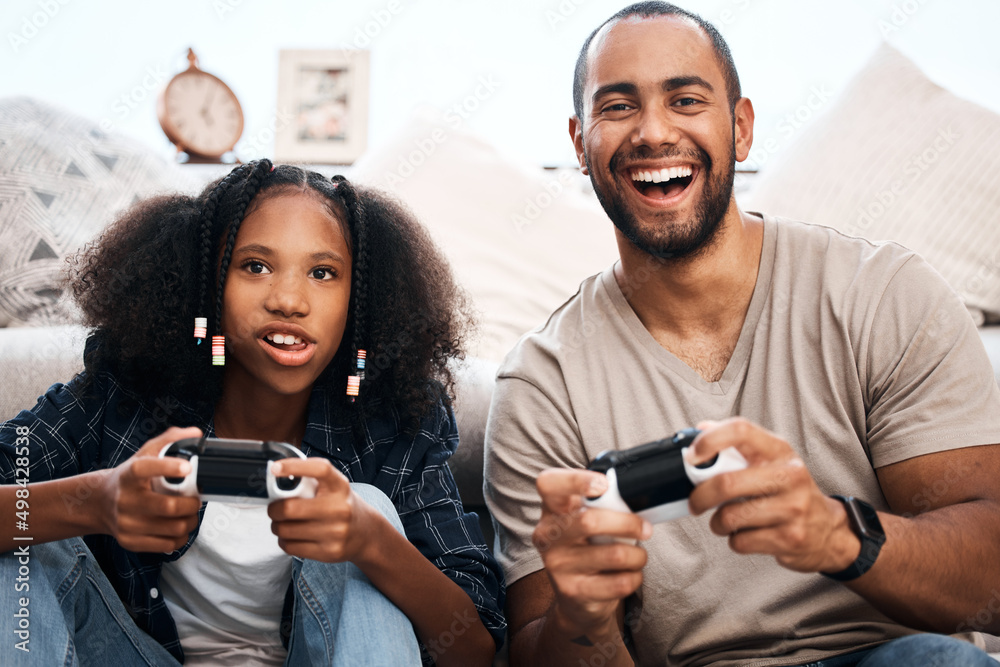 Poster From playtime to pro game time. Shot of a young girl playing video games with her father at home.