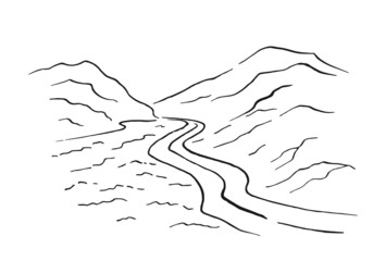 Landscape with mountains and forest. Hand drawn illustration converted to vector.
