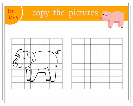 Copy the picture, educational games for kids, cartoon pig. vector isolated on white background