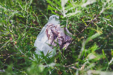 plastic bags and litter abandoned in nature among beautiful plants, respecting the environment and avoiding single-use plastic