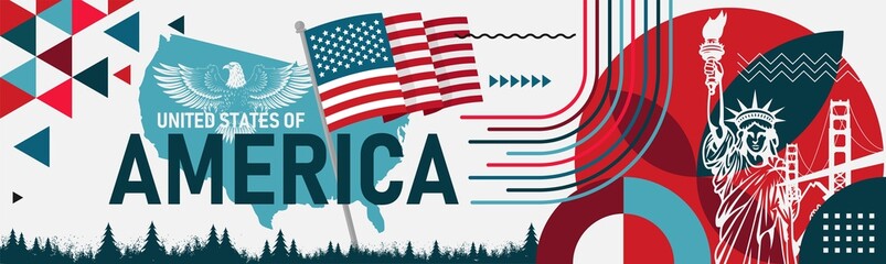 USA or United States of America independence day banner for 4th of July. Red Blue abstract retro background design with statue of liberty, American flag and map. National eagle. Vector Illustration. © Zeedign.com