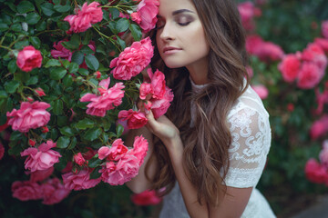 Naklejka premium Beautiful portrait of a woman in poses. A brunette woman is standing next to roses in nature.