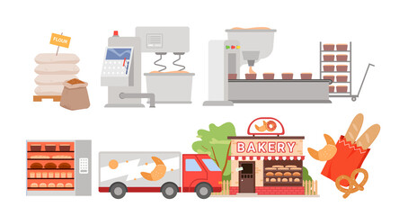 Breadmaking industry and processing stages of dough, bakery distribution shop, wheat products consumption cartoon vector illustration. Bread and pastry factory production