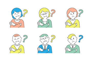 腕組みをして首をかしげているいろいろな人10　高齢者と若者　カラー