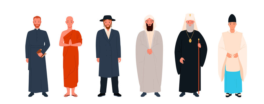 Set of different religious clerics. Religious leader or priest in traditional clothes, saint tradition, church episcopal worker, member of clergy cartoon vector illustration