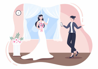 Wedding Organizer Providing Decoration Service or Making Plans Before Married Ceremony in Flat Background Cartoon Style Illustration