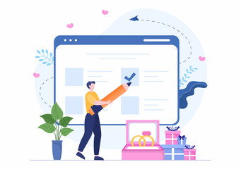 Wedding Organizer Providing Decoration Service or Making Plans Before Married Ceremony in Flat Background Cartoon Style Illustration