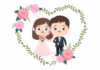 Happy Couple Celebrating Wedding or Married Ceremony with Beautiful Flower Decorations Outdoors Room in Flat Background Cartoon Style Illustration