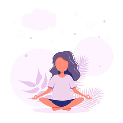 girl meditating. Healthy lifestyle, yoga, meditation, relax, recreation. Vector illustration.