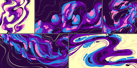 Abstract art backgrounds, modular paintings with purple, blue, pink and yellow liquid stains, swirls, splashes, linear and grunge elements. Paint brush texture decoration, Vector illustration set