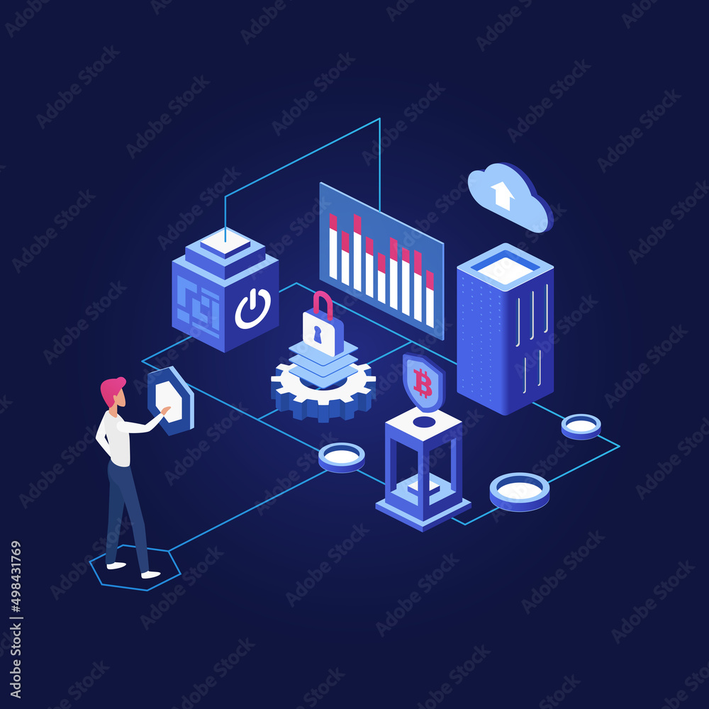 Aufkleber blockchain digital ledger with recording blocks. tracking online business transactions deals