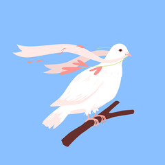 White dove sitting on branch with hearts in beak, peace world symbol vector illustration. Cartoon pigeon holding waving ribbon isolated on blue background. Stop war, international day of peace concept