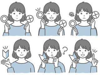 〇✕マークや初心者マークを持つ私服の若い女性