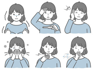 風邪の症状が出ている私服の若い女性