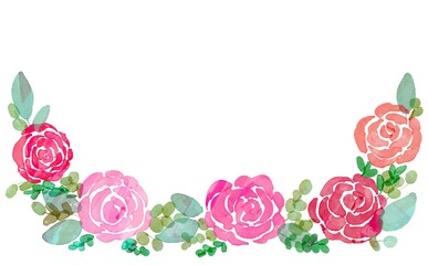 水彩画。水彩タッチの草木と薔薇のフレーム。グラデーションカラーの草木と薔薇のイラスト。透明水彩で描いた植物。Watercolor painting. Frame of grass, trees and roses with watercolor touch. Illustration of gradient color plants, trees and roses. Plants painted