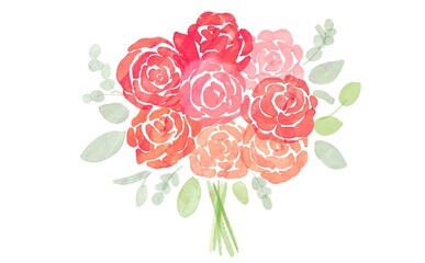 水彩画。水彩タッチの草木と薔薇。グラデーションカラーの草木と薔薇のイラスト。透明水彩で描いた植物。Watercolor painting. Grass, trees and roses with watercolor touch. Illustration of gradient color plants, trees and roses. Plants painted with transpar