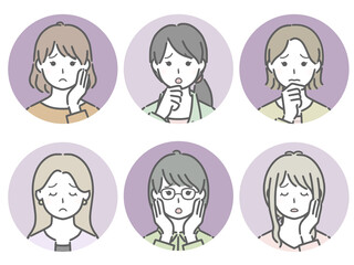 困る若い女性の丸アイコンセット（私服）