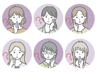 疑問に思う若い女性の丸アイコンセット（私服）