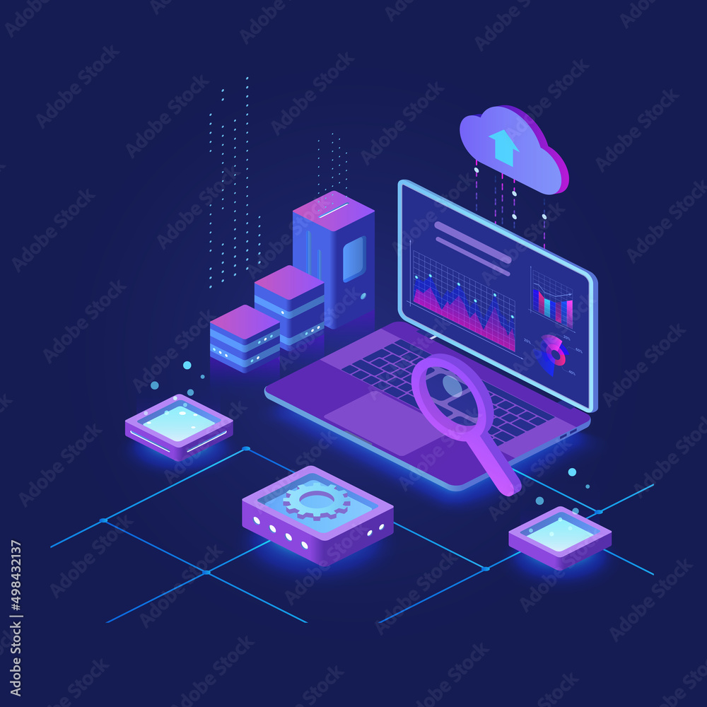 Poster Computer magnifying and processing cloud data analysis base. Inspecting statistical graphic evolution information