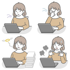 パソコン操作が辛い私服の若い女性