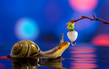A beautiful cute snail tries to drink a colorful dew drop in a colorful dreamy background