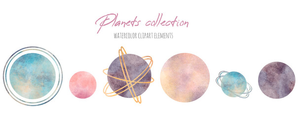 Magic cosmos starry sky. Watercolor hand drawn space set with illustration of different planets with ring system. Universe childish elements isolated on white background