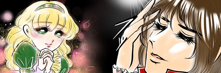 70年代少女漫画ナルシスト長髪王子様自慢のサラサラヘアーをかきあげて微笑む姿と王子を見つめる金髪美少女と薔薇背景