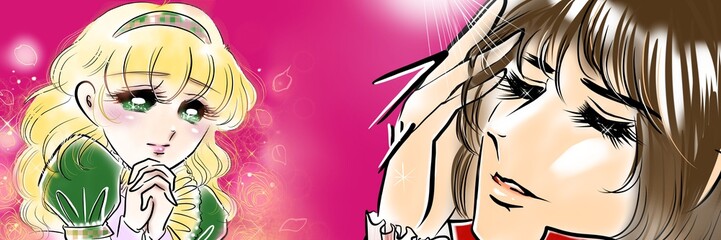 70年代少女漫画ナルシスト長髪王子様自慢のサラサラヘアーをかきあげて微笑む姿と王子を見つめる金髪美少女と薔薇背景