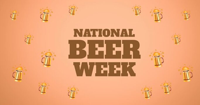 Animation of national beer week text and multiple pint of beer over orange background