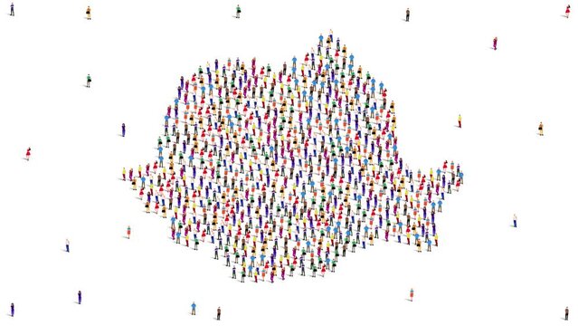 Romania Map A large group of people form to create a Romanian map. 4K Video Animation.