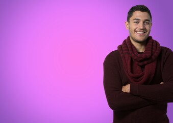 Portrait of caucasian man with arms crossed smiling against copy space on purple gradient background