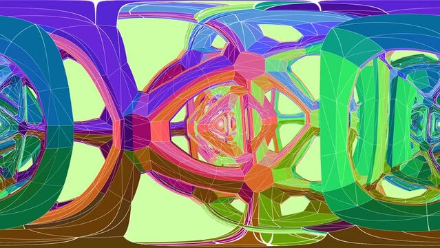 Seamless animation of lowpoly wireframe colorful structure. Metaverse concept. Spherical panorama 360 virtual reality 3D rendering. Equirectangular environment map.