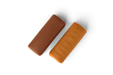 Cottage cheese bars in caramel glaze isolated on white background.