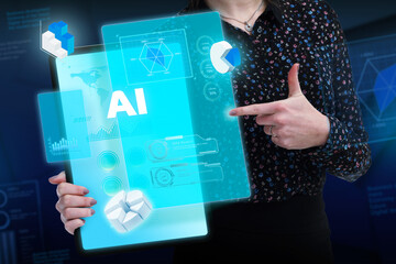 Business, Technology, Internet and network concept. Young businessman working on a virtual screen of the future and sees the inscription: AI