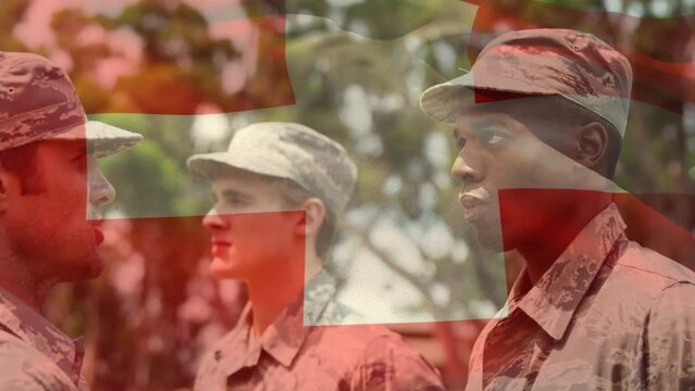 Animation of flag of switzerland over diverse male soldiers