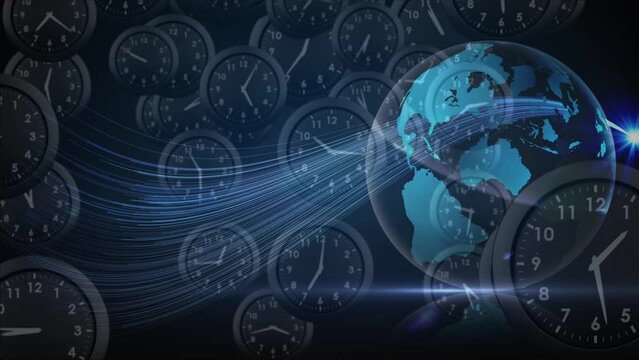 Animation of globe rotating over floating clocks