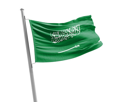 Saudi Arabia national flag cloth fabric waving on white background.