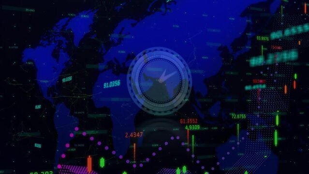 Animation of stock market data over clock and world map
