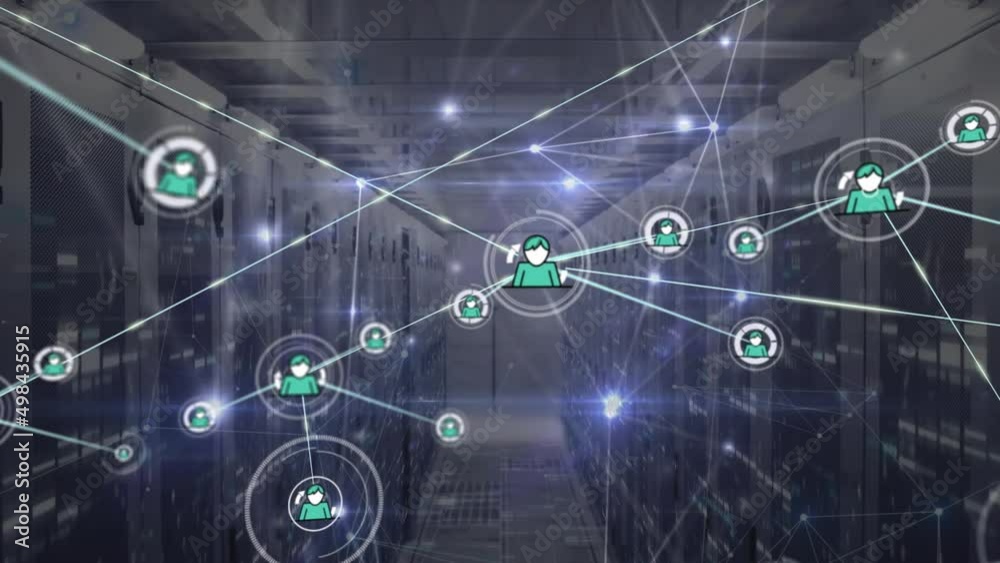 Poster animation of network of connections and data processing over server room