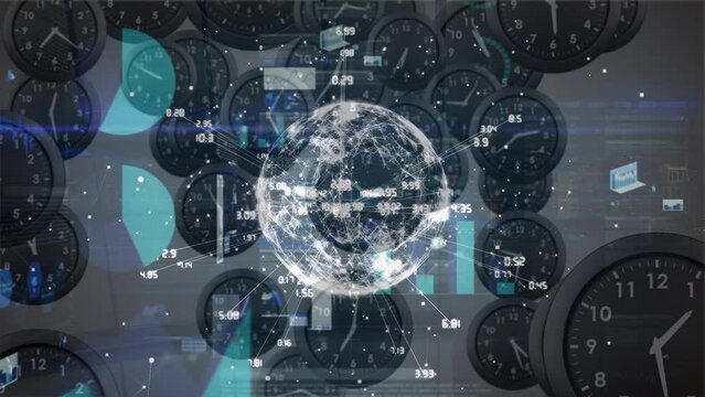 Animation of globe and numbers over floating clocks