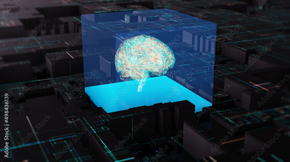 Poster artificial intelligence concept. electric print circuit board with data traffic light on dark. artif