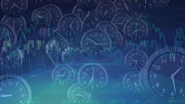 Animation of stock market graphs over floating clocks
