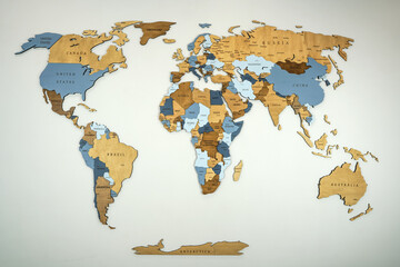 Wooden color map on the wall. Plywood mainlands, laser cut