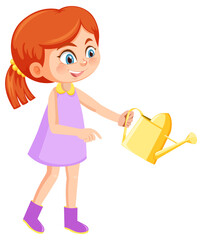 Fototapeta na wymiar A girl in pink dress holding watering pot