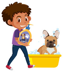 A boy washing her french bulldog