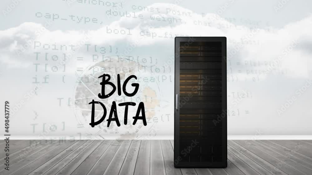 Poster Animation of server with big data text and data processing over clouds