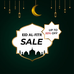 Eid sale, web header or banner design and offer 50% discount flat on green background.