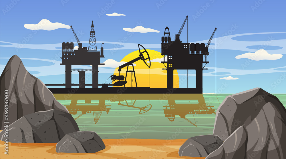 Wall mural Petroleum industry concept with offshore oil platform